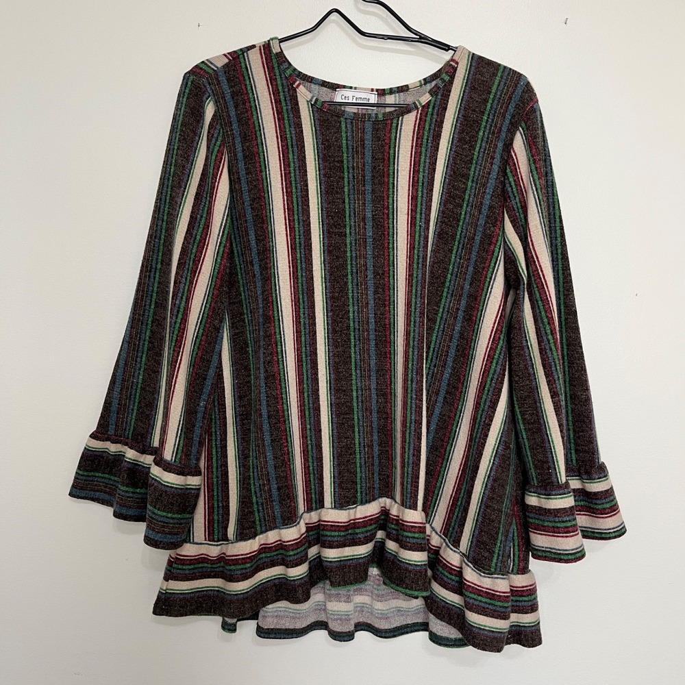 Les Femme Striped Tunic Top Women's L Indie Boho Artsy Festival 70's Style